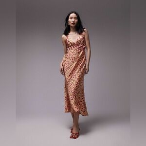 Topshop satin slip dress with lace insert in orange print B1411